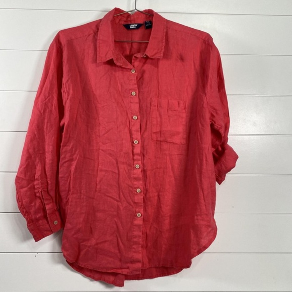 Lands‎ End Shirt Womens Large Pink Linen Button Front Long Sleeve Roll Tab Top
